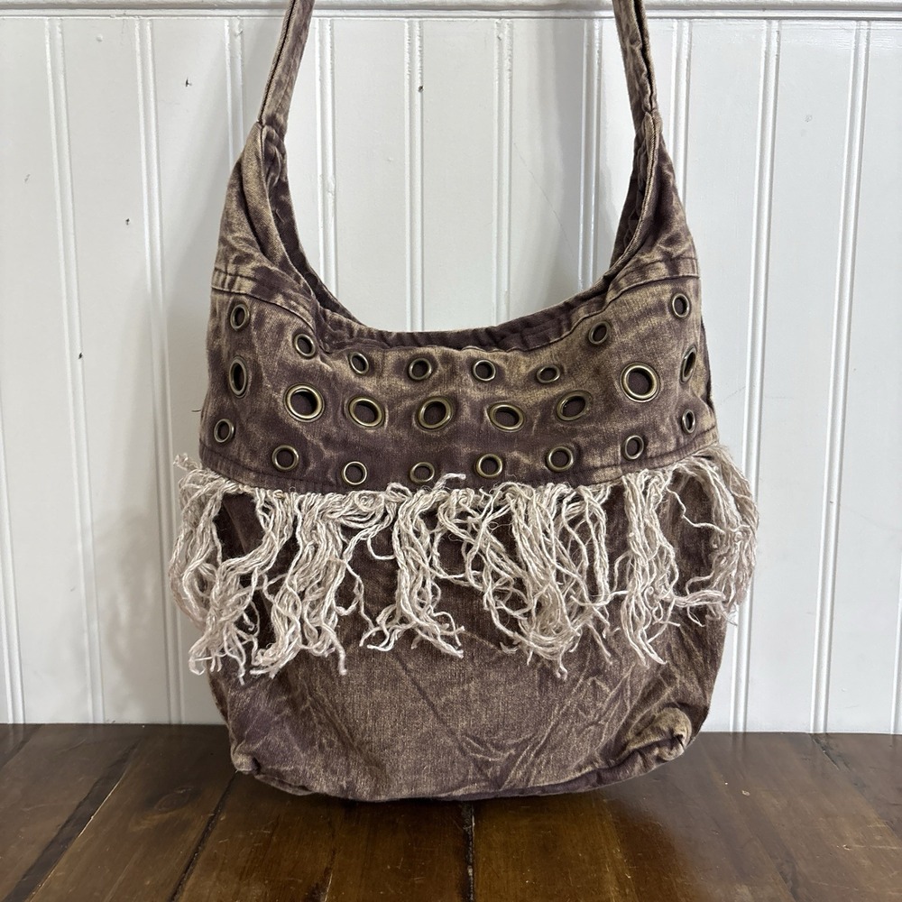 Earth Divas Fringe Hobo Shoulder Bag Brown Stonewashed Cotton Boho Hippie ~12x11